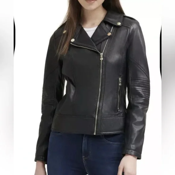 Guess Moto Black Leather Jacket with Asymmetrical Zipper Gold Ascents Size S/M - Picture 1 of 13